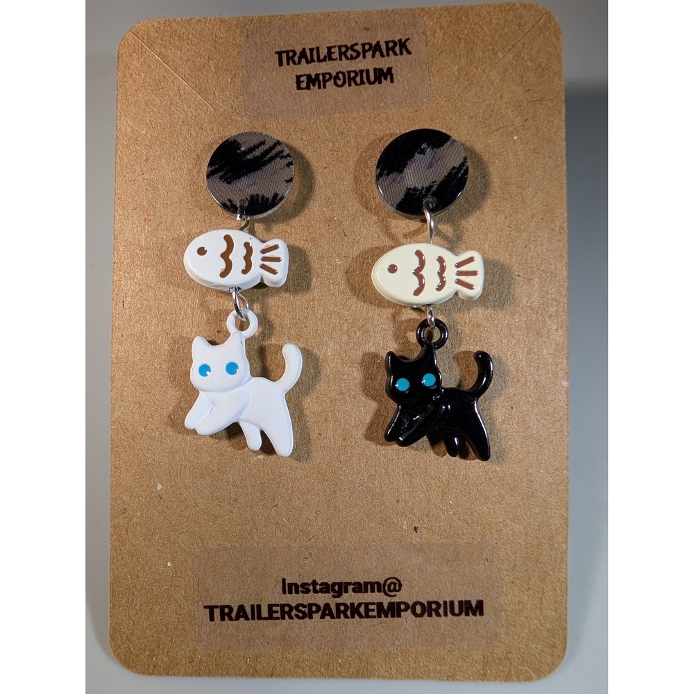 Trailerspark Emporium Cat Fish Skeleton Mismatched Dangle Earrings Nickel Free